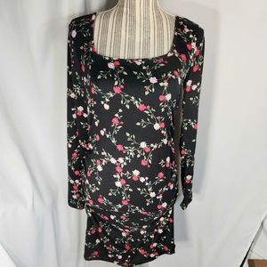 Persaya Black w/ Floral Print Long Sleeve Square Neckline Dress Size Large